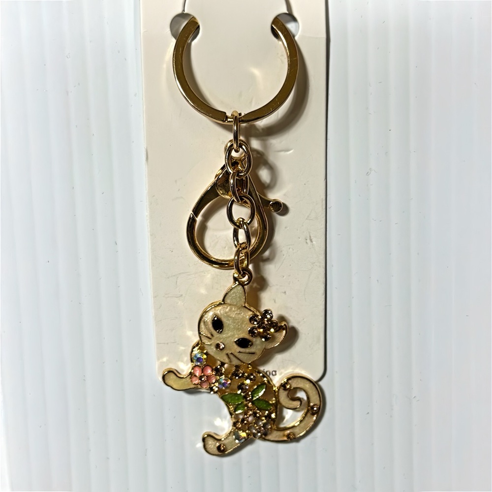 NEW Gold Cat with Rhinestones Bag Charm / Keychain